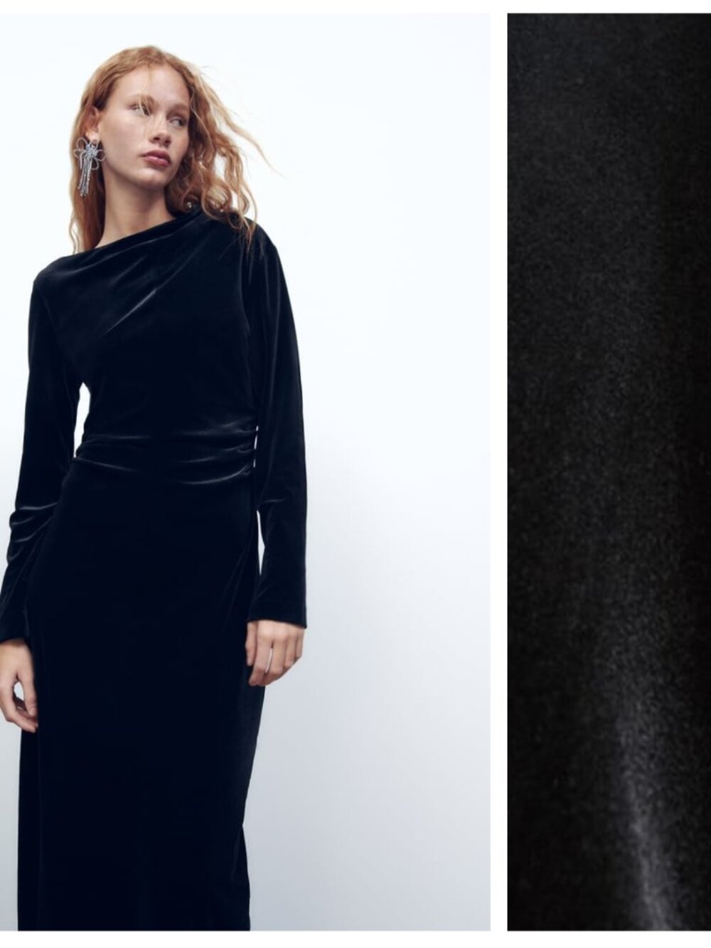 Zara Black Draped Velvet Long-Sleeve Dress